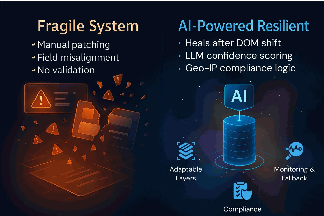 Visual comparison between fragile data scraping systems and resilient AI-powered scraping infrastructure with built-in monitoring, fallback, and interpretation logic.